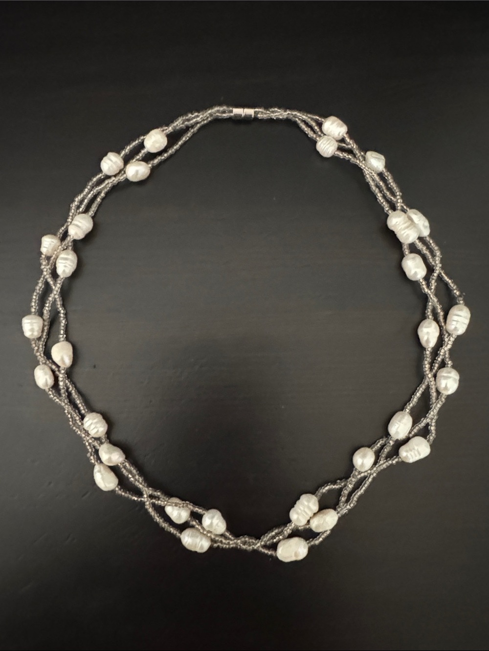 Natural Pearl Seed Bead 16.25 “ Long Triple Strand Magnetic Necklace